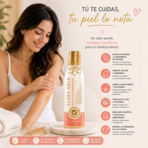 Mujer sonriente aplica aceite Class Gold de 120 ml sobre su brazo. El envase destaca beneficios para piel, cabello, cejas, pestañas y uñas en fondo claro.
